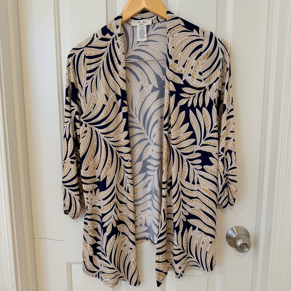 Rue Juju Petite Navy Tan Tropical Leaf Open Front Ruched Sleeve Cardigan PL